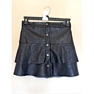 Haute Monde Classic Black Snap Front Tiered Faux Leather Mini Skirt Small NEW